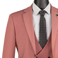 VINCI Men's Cider Brown Rust 3 Piece Super Stretch Modern Fit Suit with Adjustable Flexible Waistband – Machine Washable – NEW. Features a sleek notch lapel jacket, flat front pants, and flexible, washable fabric. Ideal for versatile, everyday elegance. Available at Fashion House Inc. (FH Menswear, Style #MV2K-3)