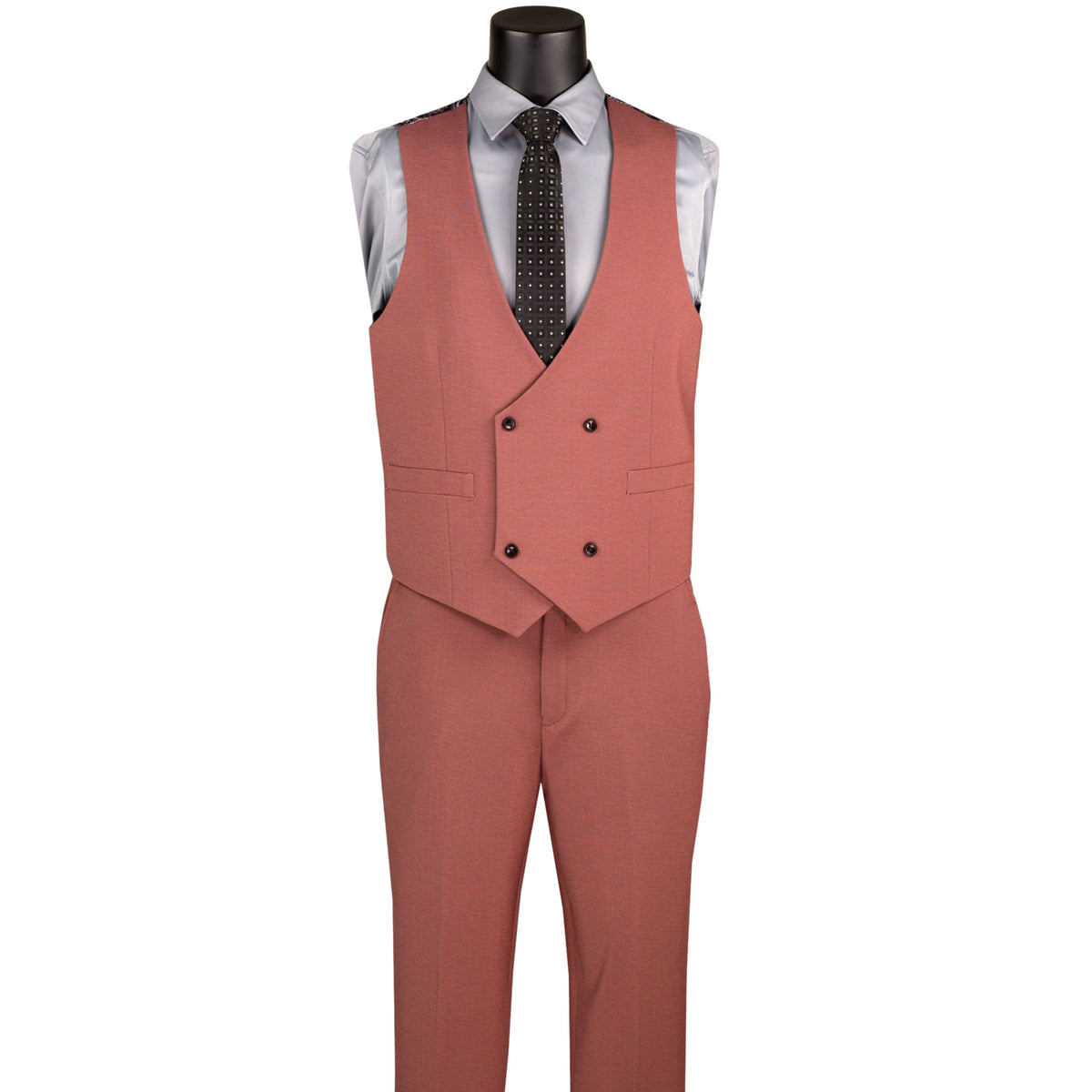 VINCI Men's Cider Brown Rust 3 Piece Super Stretch Modern Fit Suit with Adjustable Flexible Waistband – Machine Washable – NEW. Features a sleek notch lapel jacket, flat front pants, and flexible, washable fabric. Ideal for versatile, everyday elegance. Available at Fashion House Inc. (FH Menswear, Style #MV2K-3)