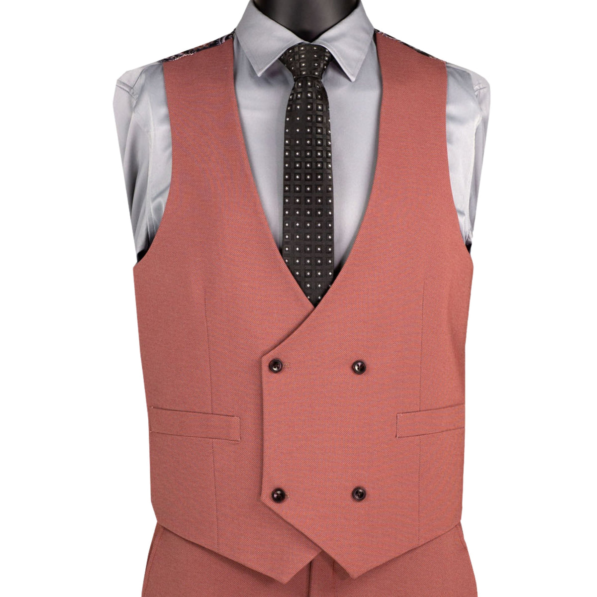 VINCI Men's Cider Brown Rust 3 Piece Super Stretch Modern Fit Suit with Adjustable Flexible Waistband – Machine Washable – NEW. Features a sleek notch lapel jacket, flat front pants, and flexible, washable fabric. Ideal for versatile, everyday elegance. Available at Fashion House Inc. (FH Menswear, Style #MV2K-3)