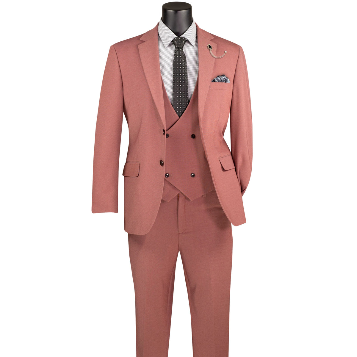 VINCI Men's Cider Brown Rust 3 Piece Super Stretch Modern Fit Suit with Adjustable Flexible Waistband – Machine Washable – NEW. Features a sleek notch lapel jacket, flat front pants, and flexible, washable fabric. Ideal for versatile, everyday elegance. Available at Fashion House Inc. (FH Menswear, Style #MV2K-3)