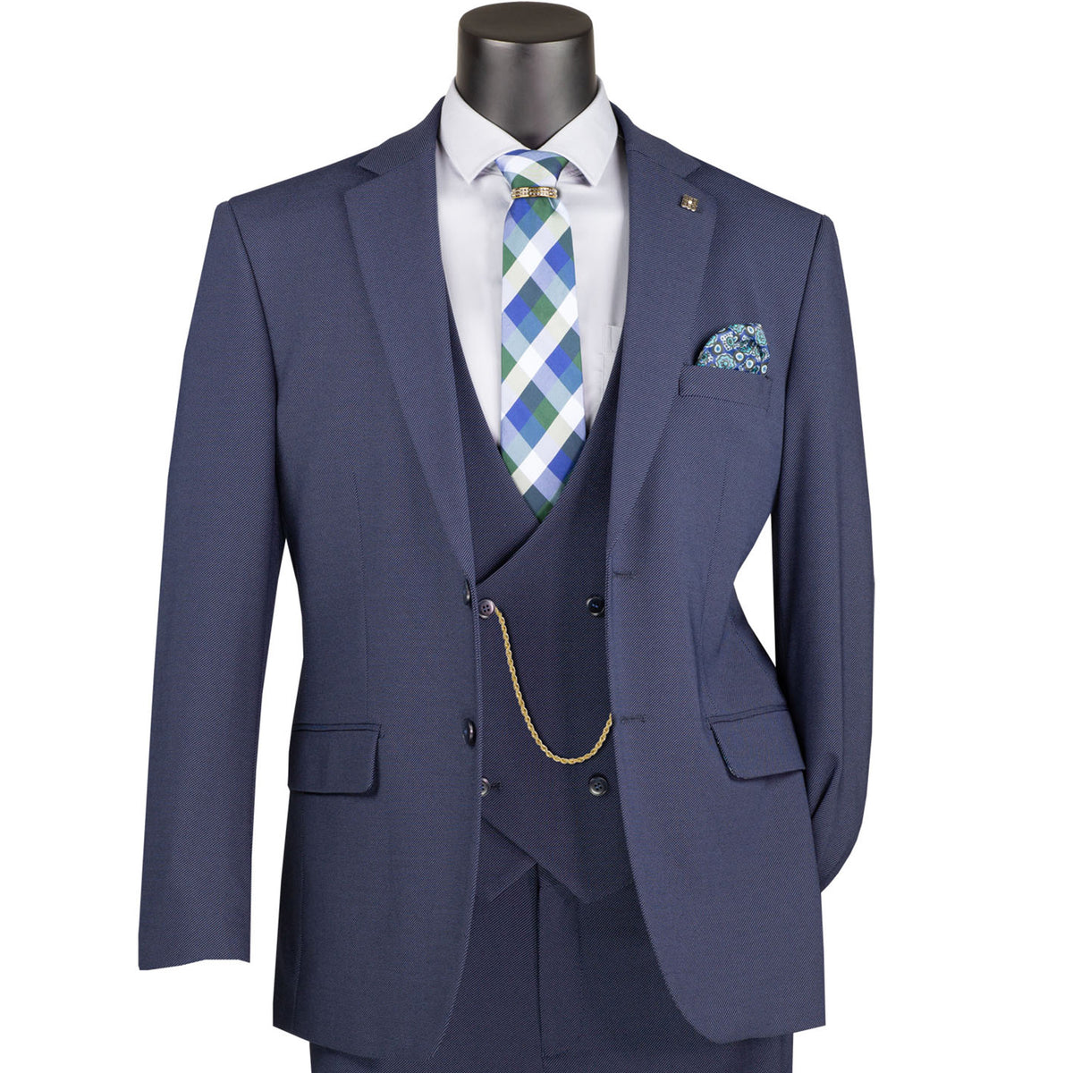 VINCI Men's Navy Blue 3pc Super Stretch Modern Fit Suit with Adjustable Waist – Machine Washable – NEW. Features a sleek notch lapel jacket, flat-front pants, and flexible, washable fabric. Ideal for versatile, everyday elegance. Available at Fashion House Inc. (FH Menswear)