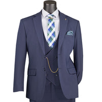 VINCI Men's Navy Blue 3pc Super Stretch Modern Fit Suit with Adjustable Waist – Machine Washable – NEW. Features a sleek notch lapel jacket, flat-front pants, and flexible, washable fabric. Ideal for versatile, everyday elegance. Available at Fashion House Inc. (FH Menswear)