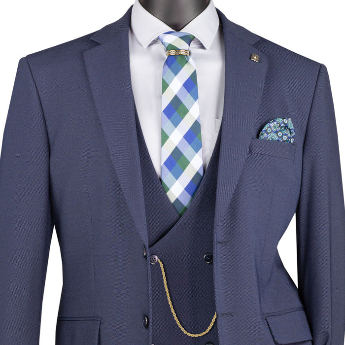 VINCI Men's Navy Blue 3pc Super Stretch Modern Fit Suit with Adjustable Waist – Machine Washable – NEW. Features a sleek notch lapel jacket, flat-front pants, and flexible, washable fabric. Ideal for versatile, everyday elegance. Available at Fashion House Inc. (FH Menswear)