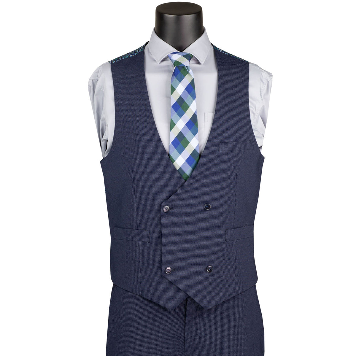 VINCI Men's Navy Blue 3pc Super Stretch Modern Fit Suit with Adjustable Waist – Machine Washable – NEW. Features a sleek notch lapel jacket, flat-front pants, and flexible, washable fabric. Ideal for versatile, everyday elegance. Available at Fashion House Inc. (FH Menswear)