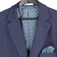 VINCI Men's Navy Blue 3pc Super Stretch Modern Fit Suit with Adjustable Waist – Machine Washable – NEW. Features a sleek notch lapel jacket, flat-front pants, and flexible, washable fabric. Ideal for versatile, everyday elegance. Available at Fashion House Inc. (FH Menswear)