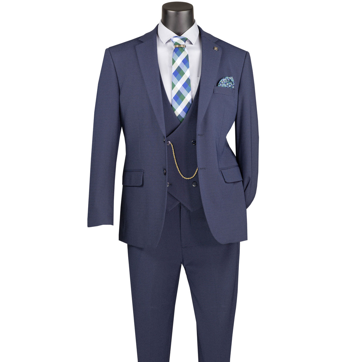 VINCI Men's Navy Blue 3pc Super Stretch Modern Fit Suit with Adjustable Waist – Machine Washable – NEW. Features a sleek notch lapel jacket, flat-front pants, and flexible, washable fabric. Ideal for versatile, everyday elegance. Available at Fashion House Inc. (FH Menswear)