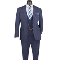 VINCI Men's Navy Blue 3pc Super Stretch Modern Fit Suit with Adjustable Waist – Machine Washable – NEW. Features a sleek notch lapel jacket, flat-front pants, and flexible, washable fabric. Ideal for versatile, everyday elegance. Available at Fashion House Inc. (FH Menswear)