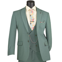 VINCI Men's Sage Green 3pc Super Stretch Modern Fit Suit with Adjustable Waist – Machine Washable – NEW. Features a sleek notch lapel jacket, flat-front pants, and flexible, washable fabric. Ideal for versatile, everyday elegance. Available at Fashion House Inc. (FH Menswear)