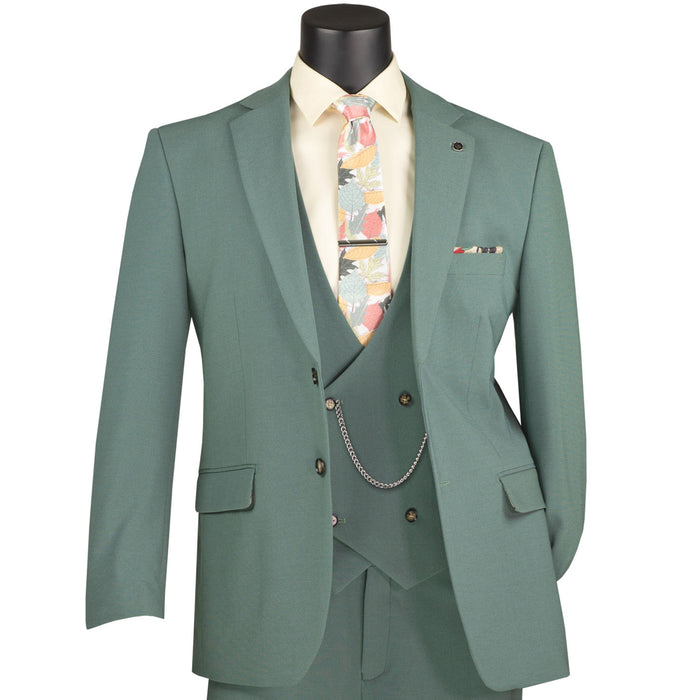 VINCI Men's Sage Green 3pc Super Stretch Modern Fit Suit with Adjustable Waist – Machine Washable – NEW. Features a sleek notch lapel jacket, flat-front pants, and flexible, washable fabric. Ideal for versatile, everyday elegance. Available at Fashion House Inc. (FH Menswear)