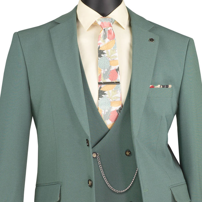 VINCI Men's Sage Green 3pc Super Stretch Modern Fit Suit with Adjustable Waist – Machine Washable – NEW. Features a sleek notch lapel jacket, flat-front pants, and flexible, washable fabric. Ideal for versatile, everyday elegance. Available at Fashion House Inc. (FH Menswear)
