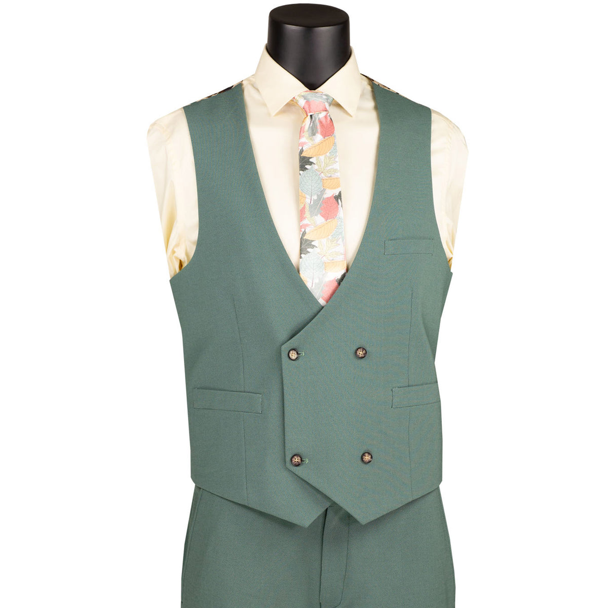VINCI Men's Sage Green 3pc Super Stretch Modern Fit Suit with Adjustable Waist – Machine Washable – NEW. Features a sleek notch lapel jacket, flat-front pants, and flexible, washable fabric. Ideal for versatile, everyday elegance. Available at Fashion House Inc. (FH Menswear)