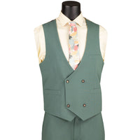 VINCI Men's Sage Green 3pc Super Stretch Modern Fit Suit with Adjustable Waist – Machine Washable – NEW. Features a sleek notch lapel jacket, flat-front pants, and flexible, washable fabric. Ideal for versatile, everyday elegance. Available at Fashion House Inc. (FH Menswear)
