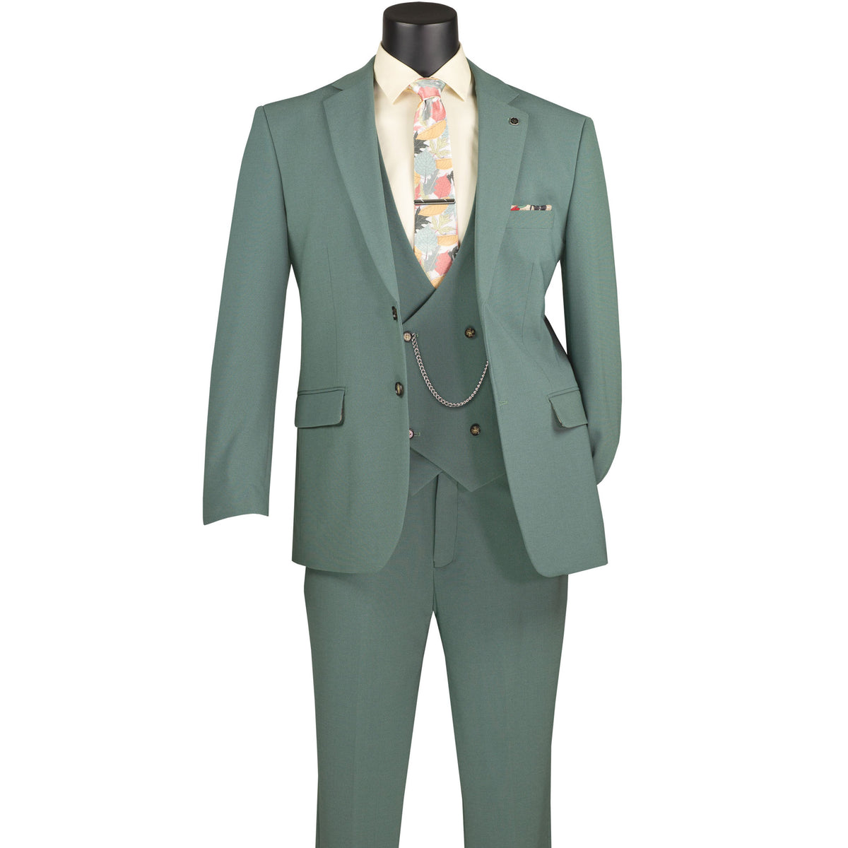 VINCI Men's Sage Green 3pc Super Stretch Modern Fit Suit with Adjustable Waist – Machine Washable – NEW. Features a sleek notch lapel jacket, flat-front pants, and flexible, washable fabric. Ideal for versatile, everyday elegance. Available at Fashion House Inc. (FH Menswear)