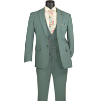 VINCI Men's Sage Green 3pc Super Stretch Modern Fit Suit with Adjustable Waist – Machine Washable – NEW. Features a sleek notch lapel jacket, flat-front pants, and flexible, washable fabric. Ideal for versatile, everyday elegance. Available at Fashion House Inc. (FH Menswear)