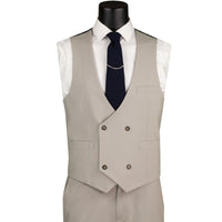 VINCI Men's Tan 3pc Super Stretch Modern Fit Suit with Adjustable Waist – Machine Washable – NEW. Features a sleek notch lapel jacket, flat-front pants, and flexible, washable fabric. Ideal for versatile, everyday elegance. Available at Fashion House Inc. (FH Menswear)