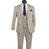 VINCI Men's Tan 3pc Super Stretch Modern Fit Suit with Adjustable Waist – Machine Washable – NEW. Features a sleek notch lapel jacket, flat-front pants, and flexible, washable fabric. Ideal for versatile, everyday elegance. Available at Fashion House Inc. (FH Menswear)