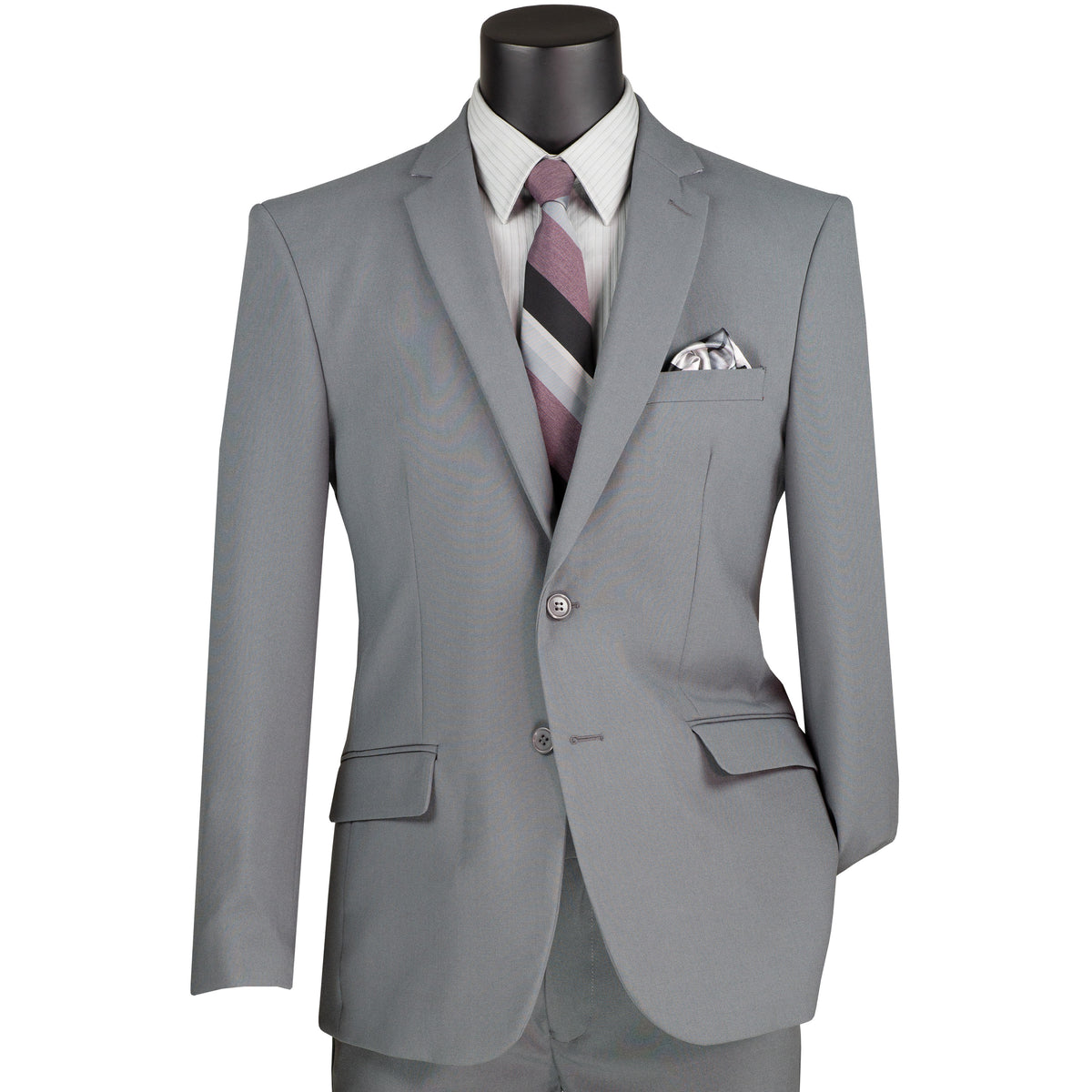 LUCCI Men's Medium Gray 2-Button Slim-Fit Poplin Polyester Suit NEW. Offers sleek style with a fully lined notch lapel jacket and flat-front pants for tailored fit. Available in multiple colors, ideal for diverse occasions. Shop now at Fashion House Inc. (FH Menswear)