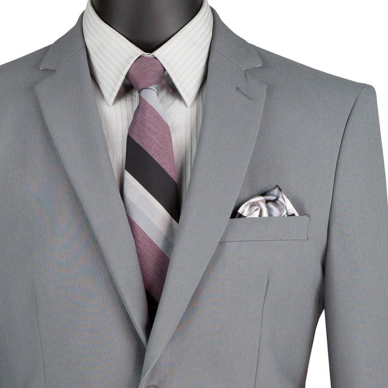 LUCCI Men's Medium Gray 2-Button Slim-Fit Poplin Polyester Suit NEW. Offers sleek style with a fully lined notch lapel jacket and flat-front pants for tailored fit. Available in multiple colors, ideal for diverse occasions. Shop now at Fashion House Inc. (FH Menswear)