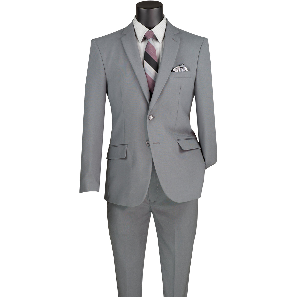 LUCCI Men's Medium Gray 2-Button Slim-Fit Poplin Polyester Suit NEW. Offers sleek style with a fully lined notch lapel jacket and flat-front pants for tailored fit. Available in multiple colors, ideal for diverse occasions. Shop now at Fashion House Inc. (FH Menswear)