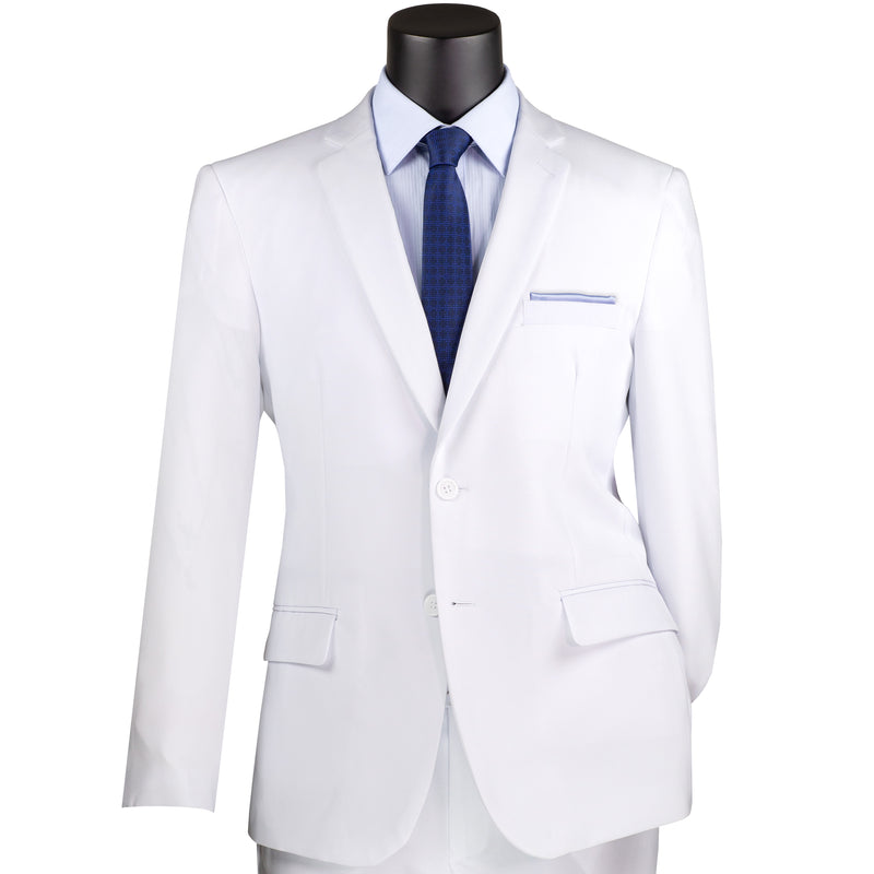 LUCCI Men's White 2-Button Slim-Fit Poplin Polyester Suit NEW. Offers sleek style with a fully lined notch lapel jacket and flat-front pants for tailored fit. Available in multiple colors, ideal for diverse occasions. Shop now at Fashion House Inc. (FH Menswear)