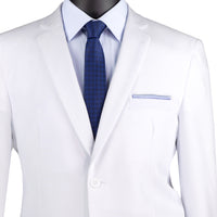 LUCCI Men's White 2-Button Slim-Fit Poplin Polyester Suit NEW. Offers sleek style with a fully lined notch lapel jacket and flat-front pants for tailored fit. Available in multiple colors, ideal for diverse occasions. Shop now at Fashion House Inc. (FH Menswear)