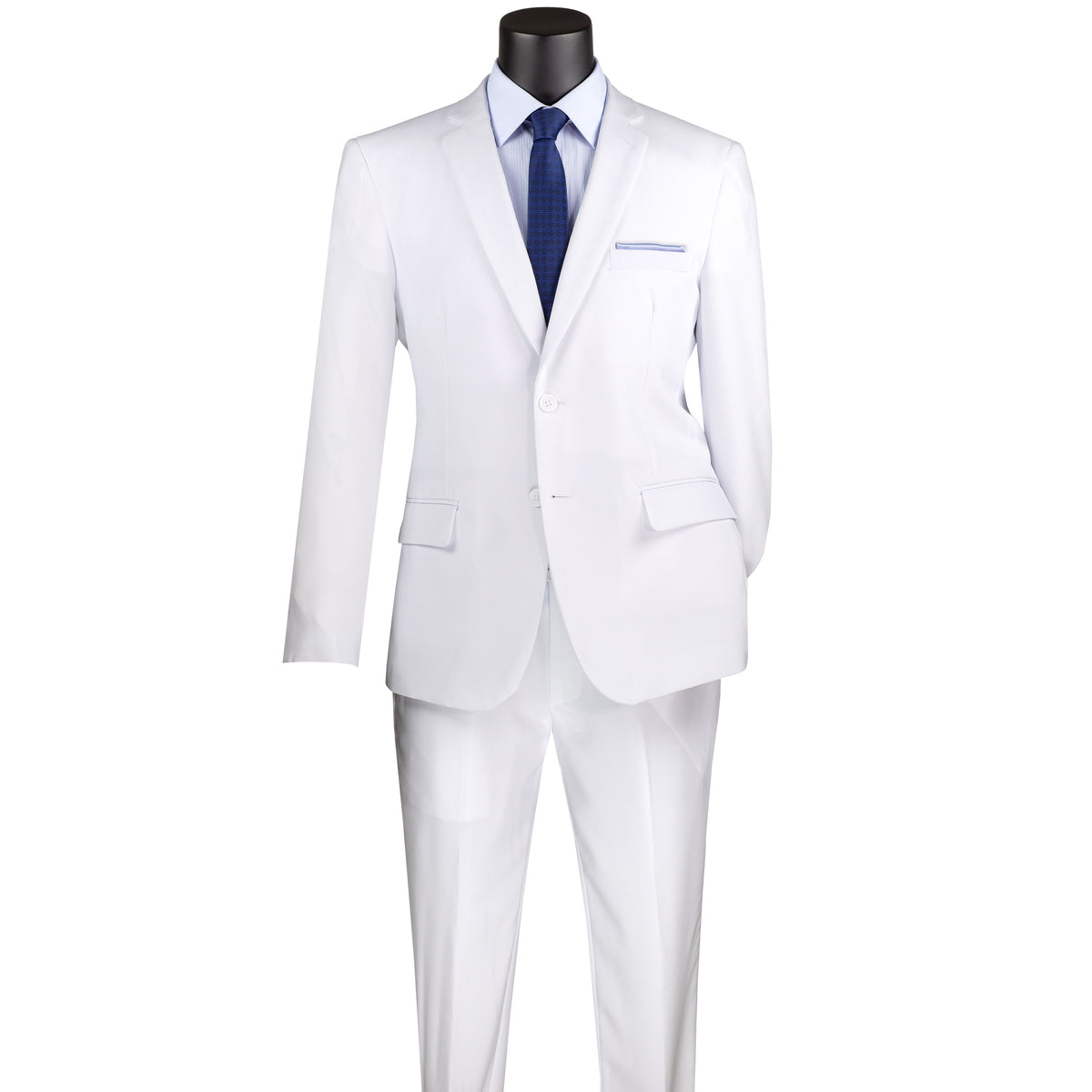 LUCCI Men's White 2-Button Slim-Fit Poplin Polyester Suit NEW. Offers sleek style with a fully lined notch lapel jacket and flat-front pants for tailored fit. Available in multiple colors, ideal for diverse occasions. Shop now at Fashion House Inc. (FH Menswear)