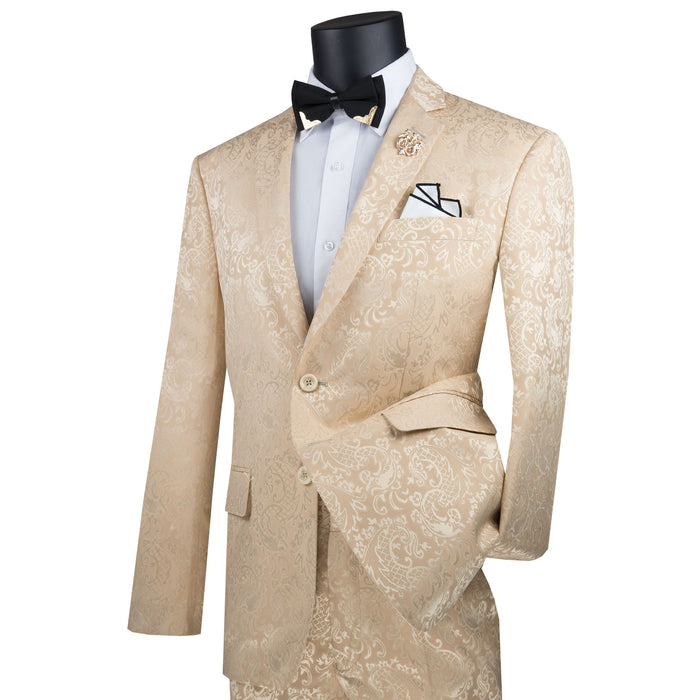 VINCI Men's Champagne Beige Textured Tonal Paisley 2-Button Slim Fit Suit – NEW. Features a slim, modern silhouette with fully lined jacket in tonal paisley fabric and flat-front pants with unfinished hems for custom tailoring. A bold and refined choice for upscale events. Available at Fashion House Inc. (FH Menswear, Style #S2F-1)