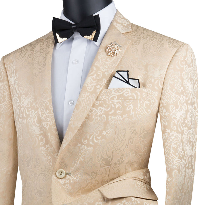 VINCI Men's Champagne Beige Textured Tonal Paisley 2-Button Slim Fit Suit – NEW. Features a slim, modern silhouette with fully lined jacket in tonal paisley fabric and flat-front pants with unfinished hems for custom tailoring. A bold and refined choice for upscale events. Available at Fashion House Inc. (FH Menswear, Style #S2F-1)