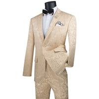 VINCI Men's Champagne Beige Textured Tonal Paisley 2-Button Slim Fit Suit – NEW. Features a slim, modern silhouette with fully lined jacket in tonal paisley fabric and flat-front pants with unfinished hems for custom tailoring. A bold and refined choice for upscale events. Available at Fashion House Inc. (FH Menswear, Style #S2F-1)