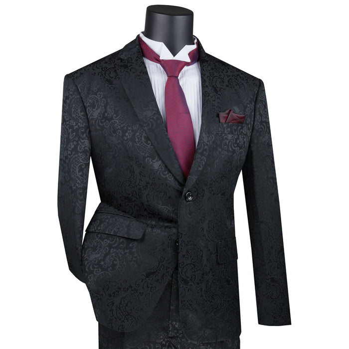 VINCI Men's Black Textured Tonal Paisley 2-Button Slim Fit Suit – NEW. Features a slim, modern silhouette with fully lined jacket in tonal paisley fabric and flat-front pants with unfinished hems for custom tailoring. A bold and refined choice for upscale events. Available at Fashion House Inc. (FH Menswear, Style #S2F-1)