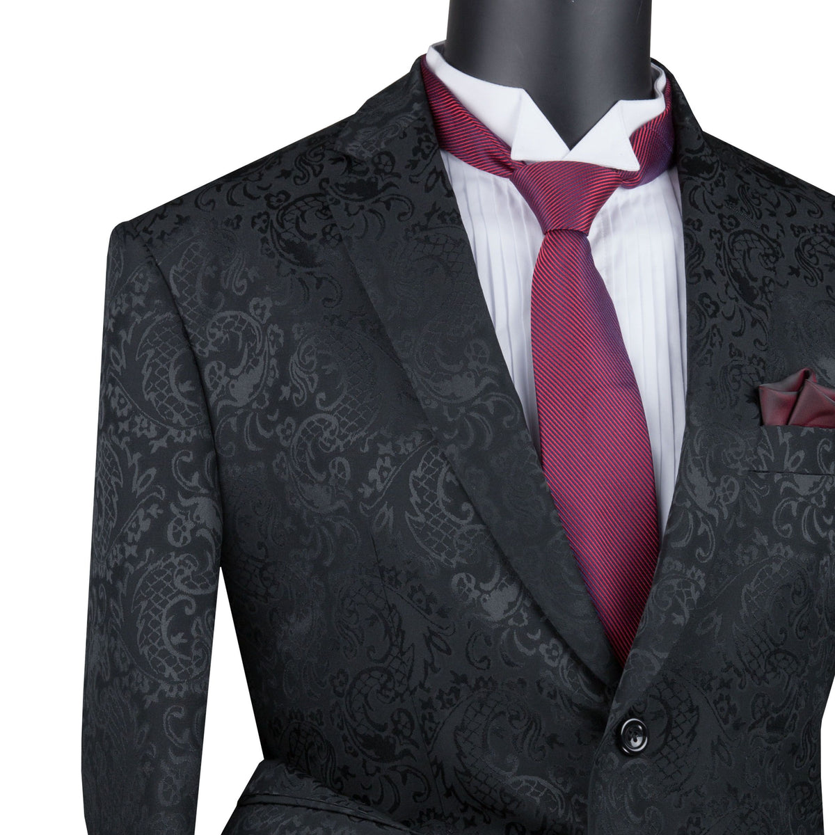 VINCI Men's Black Textured Tonal Paisley 2-Button Slim Fit Suit – NEW. Features a slim, modern silhouette with fully lined jacket in tonal paisley fabric and flat-front pants with unfinished hems for custom tailoring. A bold and refined choice for upscale events. Available at Fashion House Inc. (FH Menswear, Style #S2F-1)