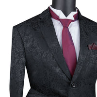 VINCI Men's Black Textured Tonal Paisley 2-Button Slim Fit Suit – NEW. Features a slim, modern silhouette with fully lined jacket in tonal paisley fabric and flat-front pants with unfinished hems for custom tailoring. A bold and refined choice for upscale events. Available at Fashion House Inc. (FH Menswear, Style #S2F-1)