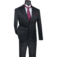 VINCI Men's Black Textured Tonal Paisley 2-Button Slim Fit Suit – NEW. Features a slim, modern silhouette with fully lined jacket in tonal paisley fabric and flat-front pants with unfinished hems for custom tailoring. A bold and refined choice for upscale events. Available at Fashion House Inc. (FH Menswear, Style #S2F-1)