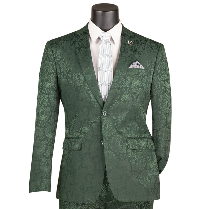 VINCI Men's Hunter Green Textured Tonal Paisley 2-Button Slim Fit Suit – NEW. Features a slim, modern silhouette with fully lined jacket in tonal paisley fabric and flat-front pants with unfinished hems for custom tailoring. A bold and refined choice for upscale events. Available at Fashion House Inc. (FH Menswear, Style #S2F-1)