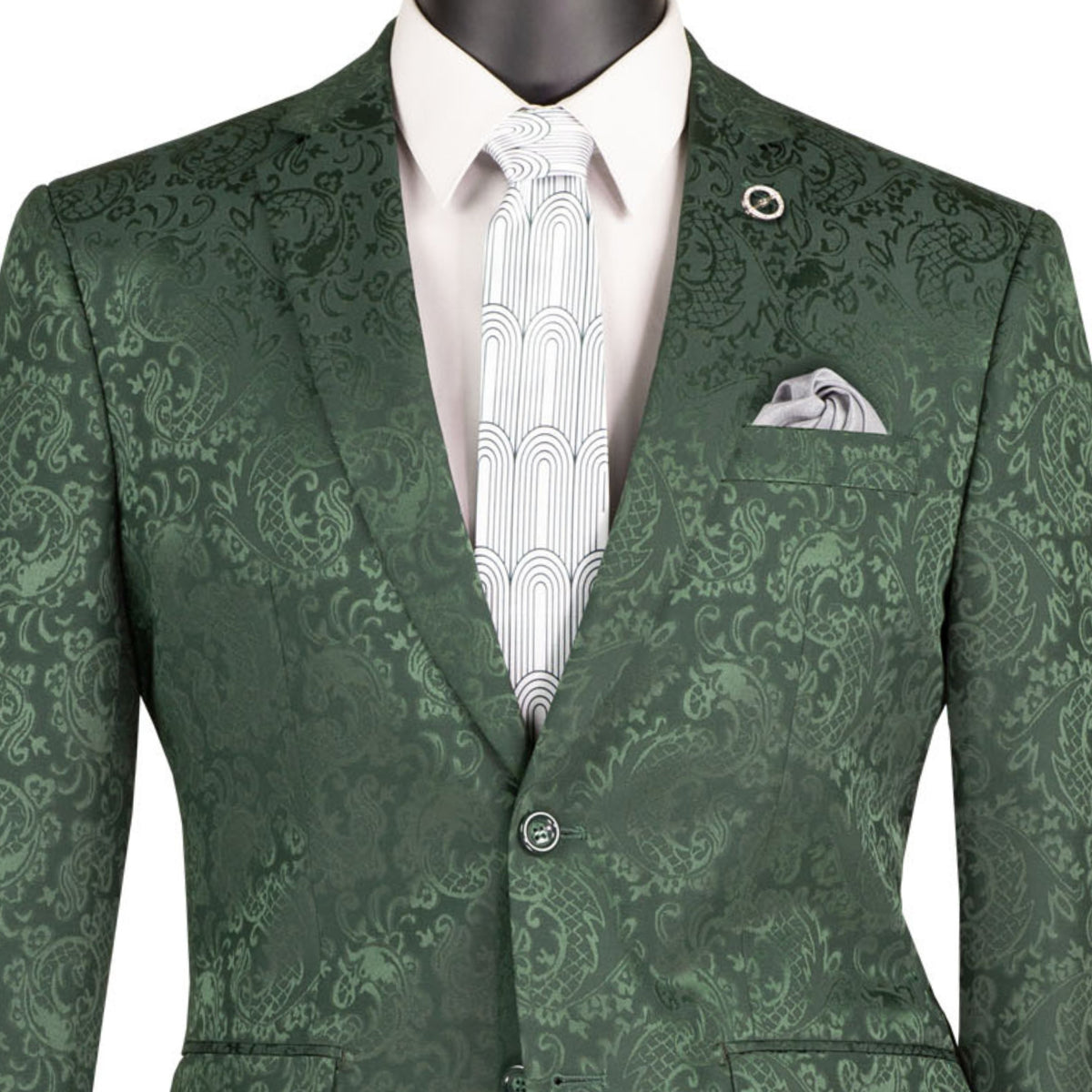 VINCI Men's Hunter Green Textured Tonal Paisley 2-Button Slim Fit Suit – NEW. Features a slim, modern silhouette with fully lined jacket in tonal paisley fabric and flat-front pants with unfinished hems for custom tailoring. A bold and refined choice for upscale events. Available at Fashion House Inc. (FH Menswear, Style #S2F-1)