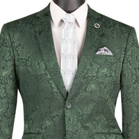 VINCI Men's Hunter Green Textured Tonal Paisley 2-Button Slim Fit Suit – NEW. Features a slim, modern silhouette with fully lined jacket in tonal paisley fabric and flat-front pants with unfinished hems for custom tailoring. A bold and refined choice for upscale events. Available at Fashion House Inc. (FH Menswear, Style #S2F-1)