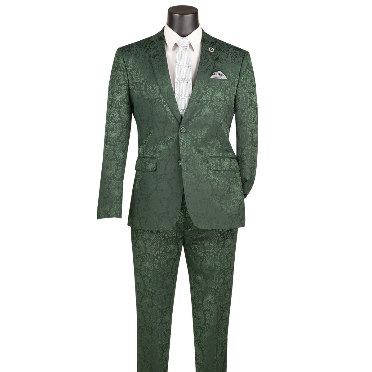 VINCI Men's Hunter Green Textured Tonal Paisley 2-Button Slim Fit Suit – NEW. Features a slim, modern silhouette with fully lined jacket in tonal paisley fabric and flat-front pants with unfinished hems for custom tailoring. A bold and refined choice for upscale events. Available at Fashion House Inc. (FH Menswear, Style #S2F-1)