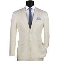 VINCI Men's Ivory Textured Tonal Paisley 2-Button Slim Fit Suit – NEW. Features a slim, modern silhouette with fully lined jacket in tonal paisley fabric and flat-front pants with unfinished hems for custom tailoring. A bold and refined choice for upscale events. Available at Fashion House Inc. (FH Menswear, Style #S2F-1)
