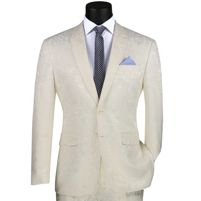 VINCI Men's Ivory Textured Tonal Paisley 2-Button Slim Fit Suit – NEW. Features a slim, modern silhouette with fully lined jacket in tonal paisley fabric and flat-front pants with unfinished hems for custom tailoring. A bold and refined choice for upscale events. Available at Fashion House Inc. (FH Menswear, Style #S2F-1)
