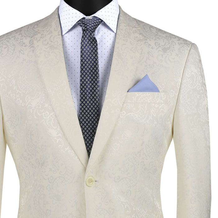VINCI Men's Ivory Textured Tonal Paisley 2-Button Slim Fit Suit – NEW. Features a slim, modern silhouette with fully lined jacket in tonal paisley fabric and flat-front pants with unfinished hems for custom tailoring. A bold and refined choice for upscale events. Available at Fashion House Inc. (FH Menswear, Style #S2F-1)