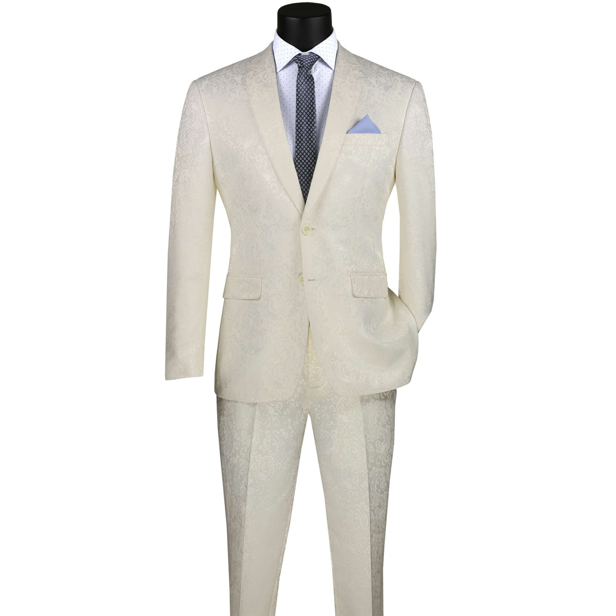VINCI Men's Ivory Textured Tonal Paisley 2-Button Slim Fit Suit – NEW. Features a slim, modern silhouette with fully lined jacket in tonal paisley fabric and flat-front pants with unfinished hems for custom tailoring. A bold and refined choice for upscale events. Available at Fashion House Inc. (FH Menswear, Style #S2F-1)