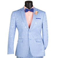 VINCI Men's Light Blue Textured Tonal Paisley 2-Button Slim Fit Suit – NEW. Features a slim, modern silhouette with fully lined jacket in tonal paisley fabric and flat-front pants with unfinished hems for custom tailoring. A bold and refined choice for upscale events. Available at Fashion House Inc. (FH Menswear, Style #S2F-1)