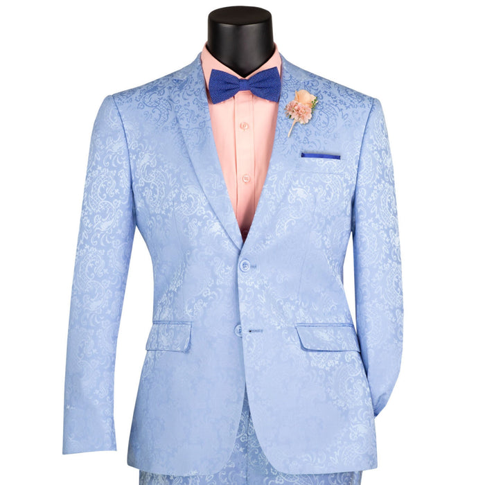 VINCI Men's Light Blue Textured Tonal Paisley 2-Button Slim Fit Suit – NEW. Features a slim, modern silhouette with fully lined jacket in tonal paisley fabric and flat-front pants with unfinished hems for custom tailoring. A bold and refined choice for upscale events. Available at Fashion House Inc. (FH Menswear, Style #S2F-1)
