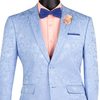 VINCI Men's Light Blue Textured Tonal Paisley 2-Button Slim Fit Suit – NEW. Features a slim, modern silhouette with fully lined jacket in tonal paisley fabric and flat-front pants with unfinished hems for custom tailoring. A bold and refined choice for upscale events. Available at Fashion House Inc. (FH Menswear, Style #S2F-1)