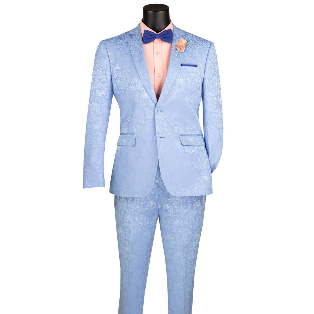 VINCI Men's Light Blue Textured Tonal Paisley 2-Button Slim Fit Suit – NEW. Features a slim, modern silhouette with fully lined jacket in tonal paisley fabric and flat-front pants with unfinished hems for custom tailoring. A bold and refined choice for upscale events. Available at Fashion House Inc. (FH Menswear, Style #S2F-1)