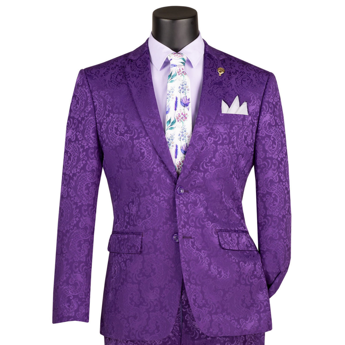 VINCI Men's Purple Textured Tonal Paisley 2-Button Slim Fit Suit – NEW. Features a slim, modern silhouette with fully lined jacket in tonal paisley fabric and flat-front pants with unfinished hems for custom tailoring. A bold and refined choice for upscale events. Available at Fashion House Inc. (FH Menswear, Style #S2F-1)