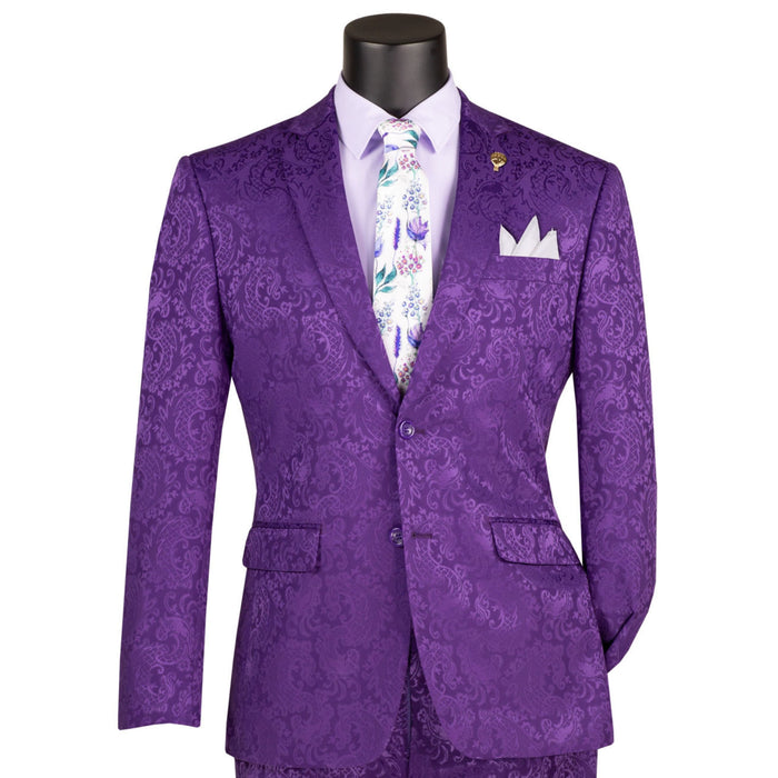 VINCI Men's Purple Textured Tonal Paisley 2-Button Slim Fit Suit – NEW. Features a slim, modern silhouette with fully lined jacket in tonal paisley fabric and flat-front pants with unfinished hems for custom tailoring. A bold and refined choice for upscale events. Available at Fashion House Inc. (FH Menswear, Style #S2F-1)