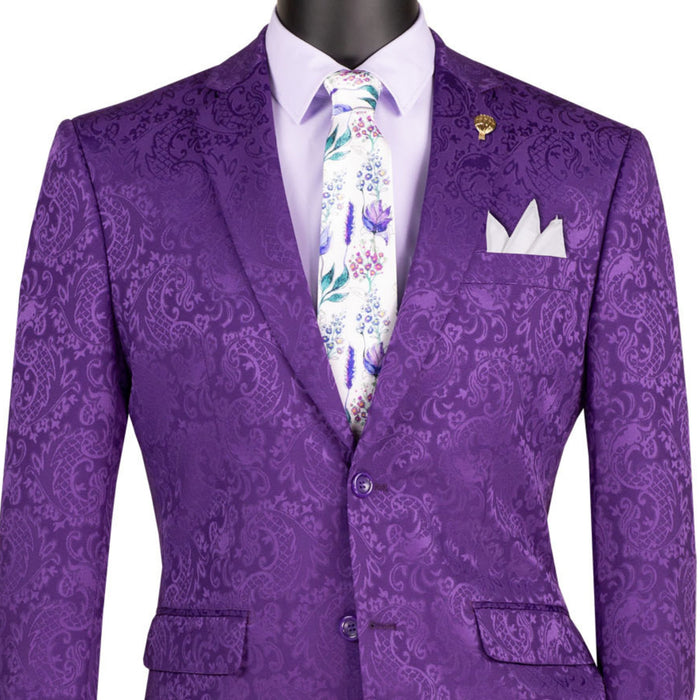VINCI Men's Purple Textured Tonal Paisley 2-Button Slim Fit Suit – NEW. Features a slim, modern silhouette with fully lined jacket in tonal paisley fabric and flat-front pants with unfinished hems for custom tailoring. A bold and refined choice for upscale events. Available at Fashion House Inc. (FH Menswear, Style #S2F-1)