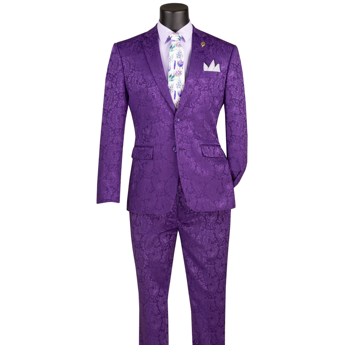 VINCI Men's Purple Textured Tonal Paisley 2-Button Slim Fit Suit – NEW. Features a slim, modern silhouette with fully lined jacket in tonal paisley fabric and flat-front pants with unfinished hems for custom tailoring. A bold and refined choice for upscale events. Available at Fashion House Inc. (FH Menswear, Style #S2F-1)