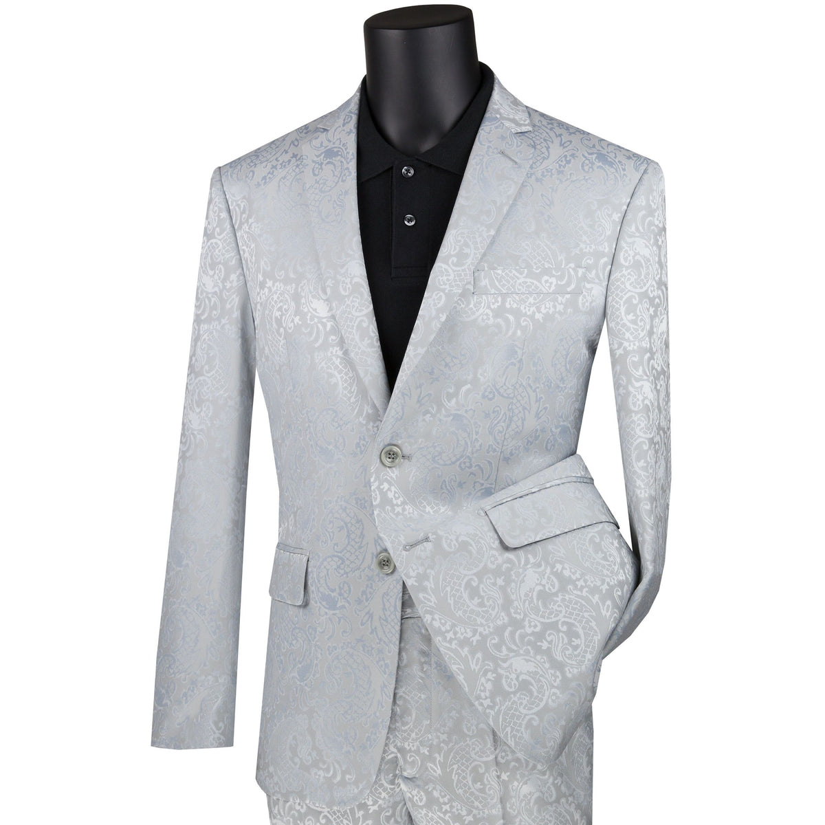 VINCI Men's Silver Gray Textured Tonal Paisley 2-Button Slim Fit Suit – NEW. Features a slim, modern silhouette with fully lined jacket in tonal paisley fabric and flat-front pants with unfinished hems for custom tailoring. A bold and refined choice for upscale events. Available at Fashion House Inc. (FH Menswear, Style #S2F-1)